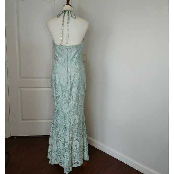 Lulu's Maxi Dress Gown sz  M Lace Green Sage Halter Every Memory Prom Mermaid - Picture 7 of 11